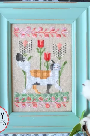 Brand New Prancing in the Tulips Cross Stitch Pattern Lindy Stitches Cats in the Garden #1