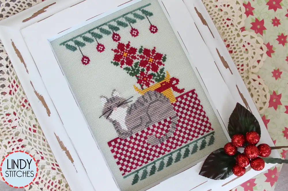 Napping in the Poinsettias Cross Stitch Pattern Lindy Stitches Cats in the Garden #4 Bulk Order