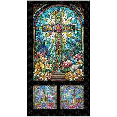 Trusted Brand Henry Glass Fabrics Faith In Full Color Turquoise Blue Black Stained Glass Window Panel 24 Inch
