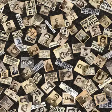 Quilting Treasures Fabrics True Detective Dan Morris Black Ephemera Wanted Mug Shots Limited Edition