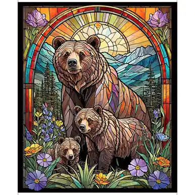Quilting Treasures Fabrics Sunlit Bears Mother Bear Cubs Sunrise Stained Glass Panel Top Pick