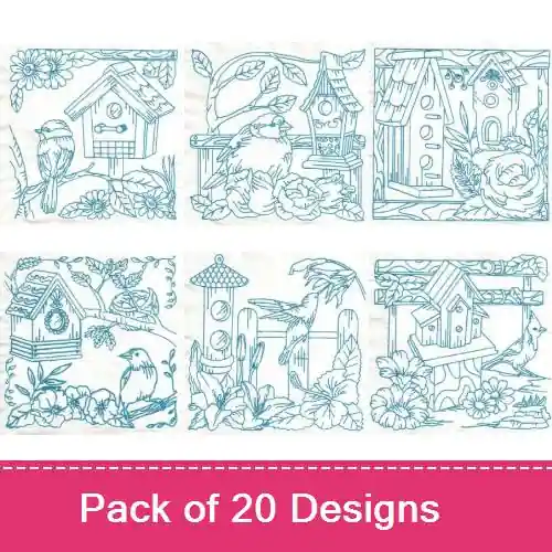 Weekend Sale Bluework Birds and Birdhouses Embroidery design pack by Daydream Designs, Embroidery Packs on EmbroideryDesigns.com