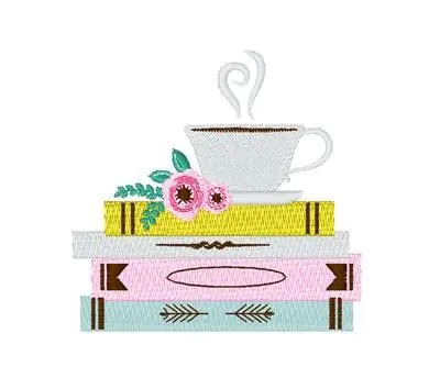 Books & Tea Embroidery Design Fast Shipping