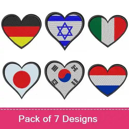 Discount Countries Heart Flags Embroidery design pack by Bella Mia Designs, Embroidery Packs on EmbroideryDesigns.com